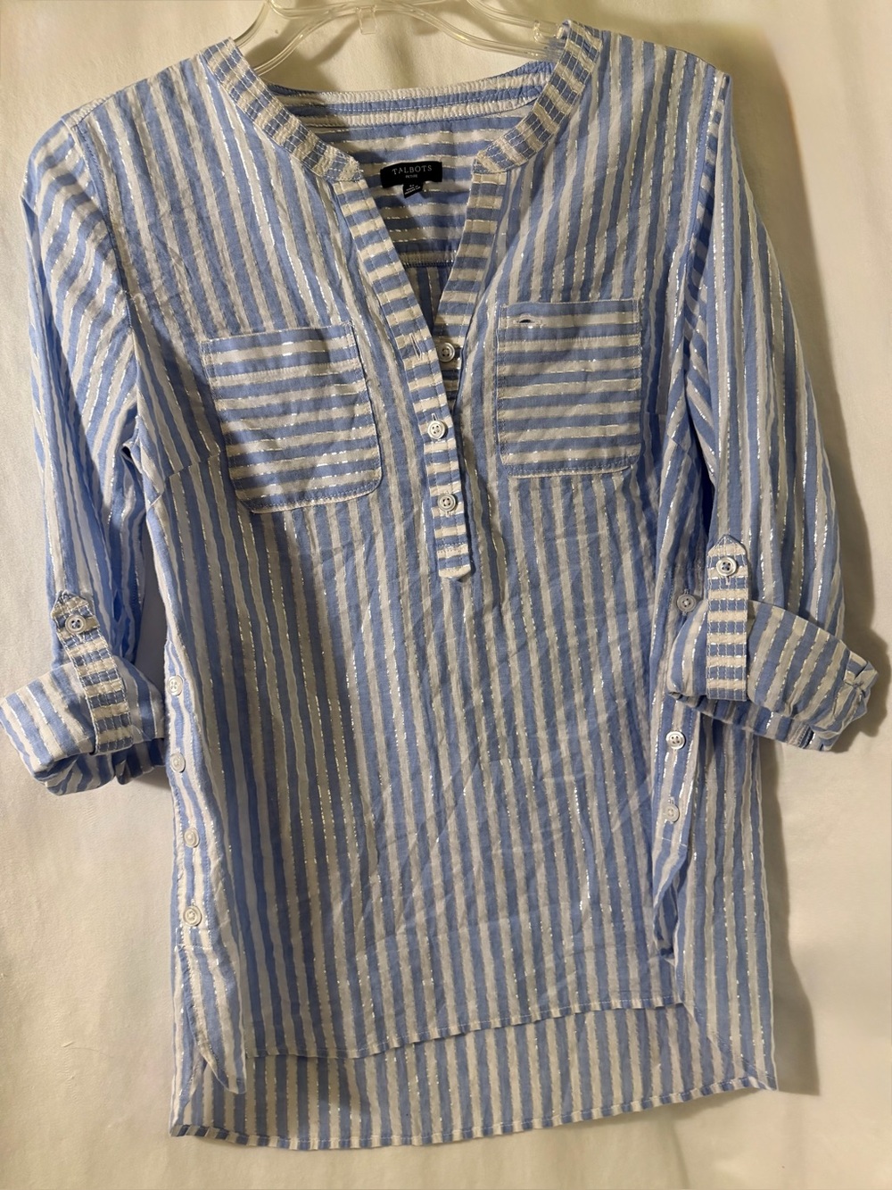 Size small Talbots light blue and off white stripe tunic shirt with silver hint